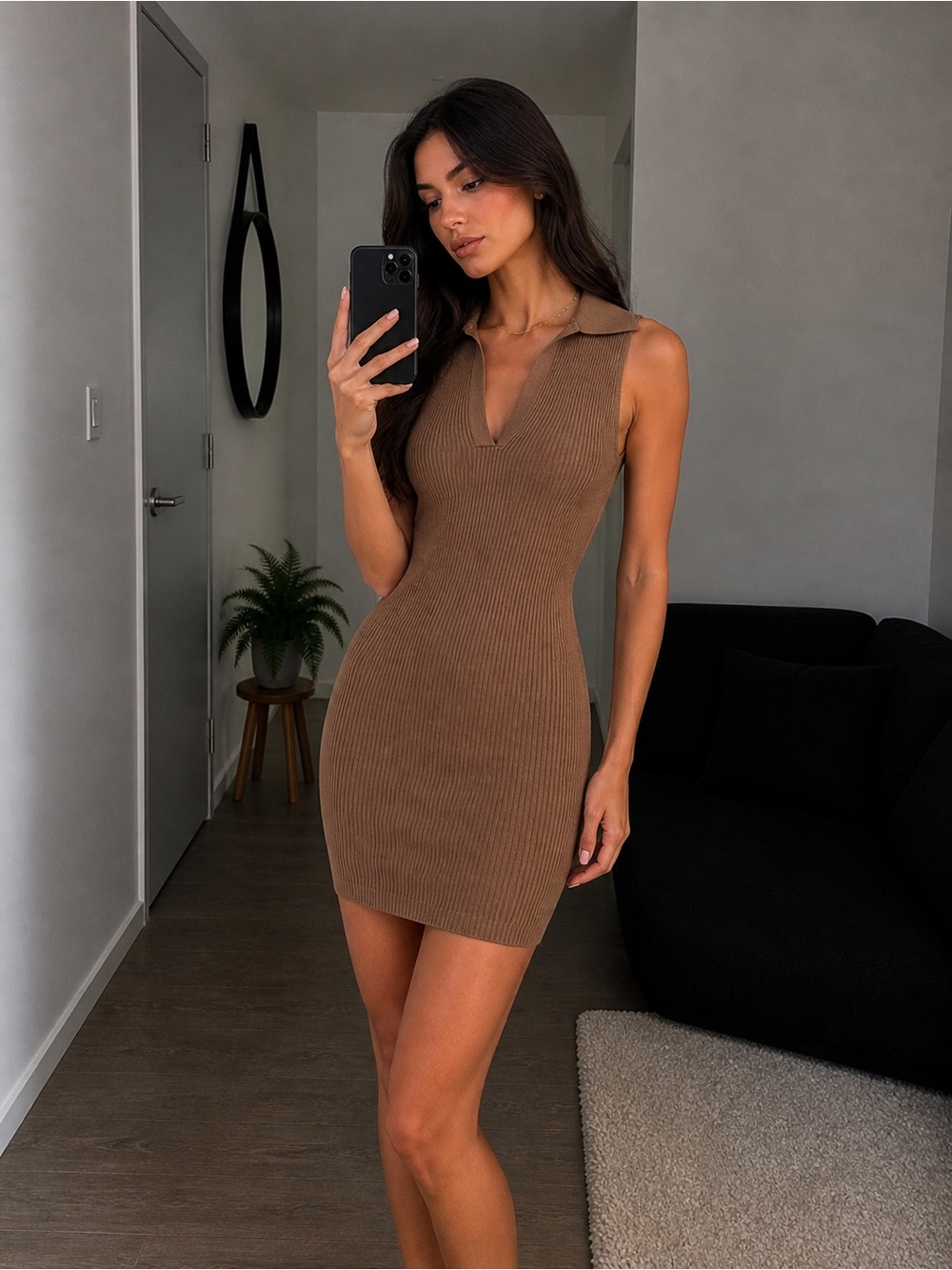 NWOT Aritzia Babaton Brown Contour Collared Sleeveless Bodycon Dress